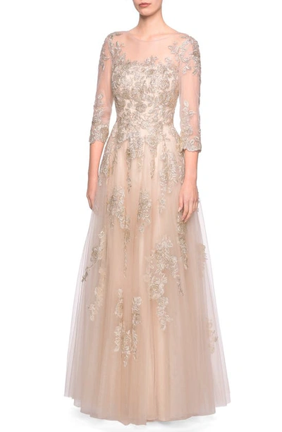 La Femme Lace & Tulle A-line Gown In Nude