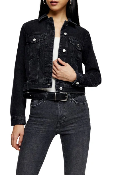 Topshop Cropped Recycled Cotton Blend Denim Jacket In Washed Black-brown