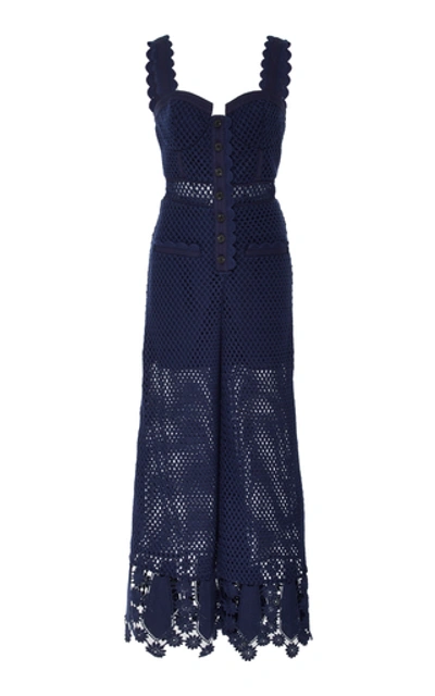 Self-portrait Fishnet Crochet Lace Jumpsuit In Navy