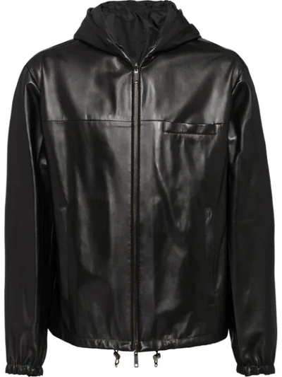 Prada Men's Leather Zip-front Jacket With Nylon Trim In Black