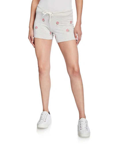Monrow Vintage Drawstring Shorts With Rose Embroidery In Ash