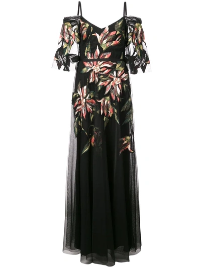 Marchesa Notte Long Sleeve Embroidered Tulle Gown In Black