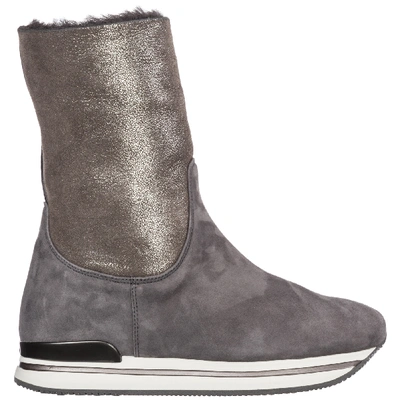 Hogan Women's Suede Ankle Boots Booties H222 In Grey