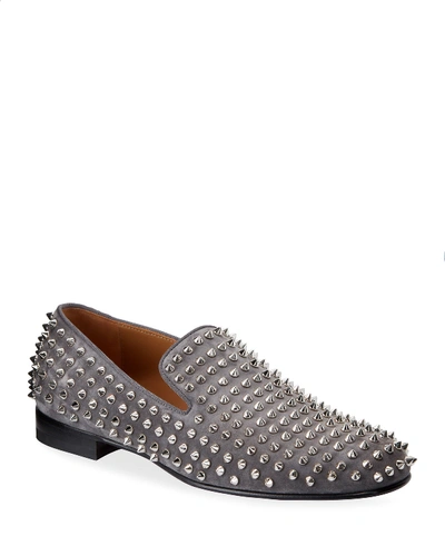 Christian Louboutin Men's Rollerboy Spike-studded Red Sole Loafers In Gray