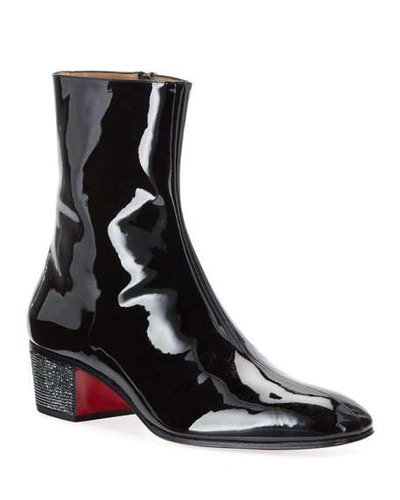 Christian Louboutin Men's Palace Crystal Patent Red Sole Boots In Black
