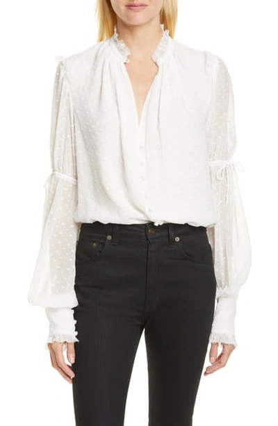 Jonathan Simkhai Dot Embroidered Gathered Sleeve Chiffon Bodysuit In White