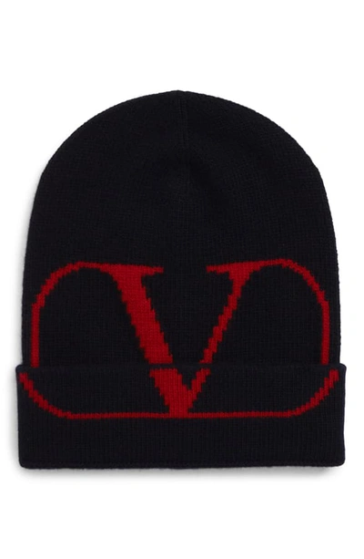 Valentino Garavani V-logo Wool & Cashmere Knit Cap In Navy/ Red