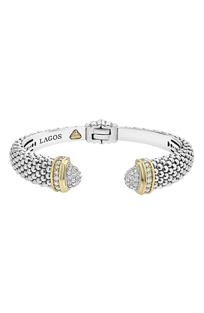 Lagos Sterling Silver & 18k Yellow Gold Caviar Diamond Small Cuff Bracelet In Silver/ Gold/ Diamond