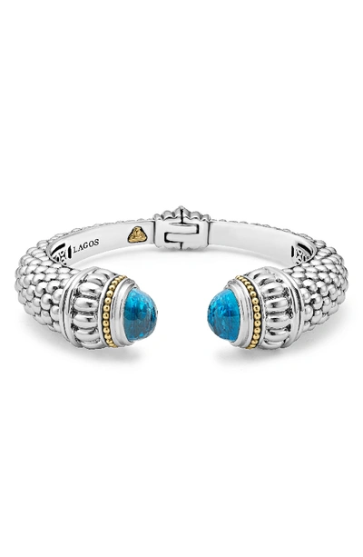 Lagos 18k Gold And Sterling Silver Caviar Color Swiss Blue Topaz Cuff, 14mm In Blue/silver