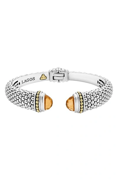 Lagos Sterling Silver & 18k Yellow Gold Caviar Cuff Bracelet With Citrine In Orange/silver