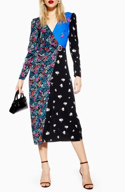 Topshop Grand Estate Mix Midi Dress In Blue Multi