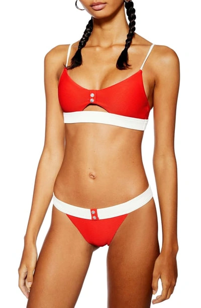 Topshop Button Ribbed Tanga Bikini Bottoms In Red