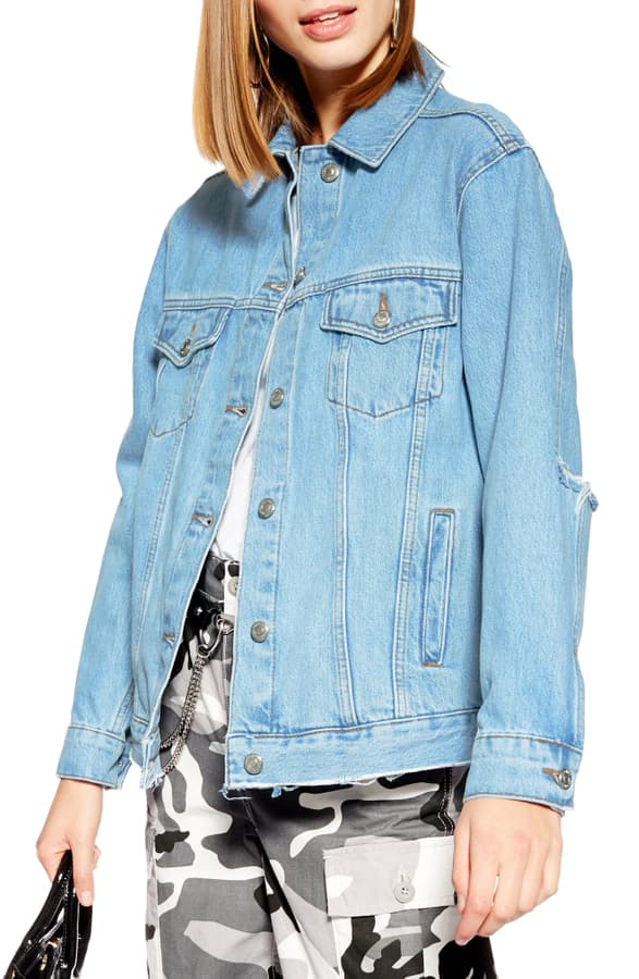 Rip Elbow Denim Jacket In Mid Denim ModeSens