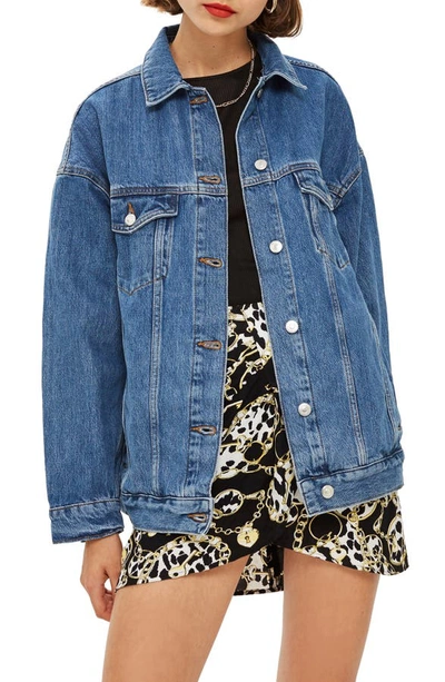 Topshop Oversized Denim Jacket In Mid Denim