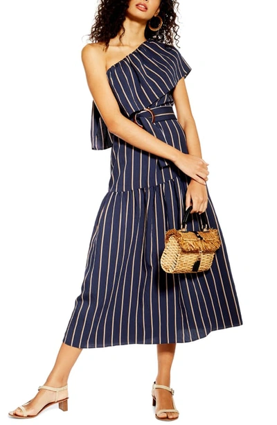 Topshop Sicily One-shoulder Midi Dress In Navy Blue Multi