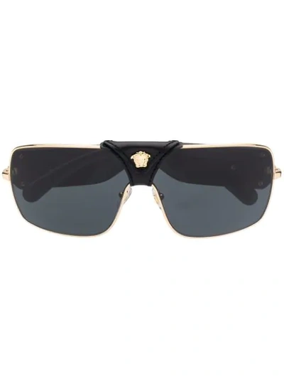 Versace Leather Logo Detail Sunglasses In Black