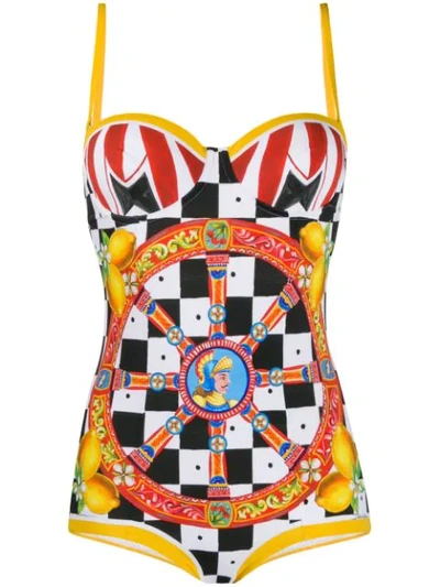 Dolce & Gabbana Carreto Print Swimsuit In Black