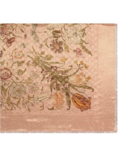 Gucci Gg Wool And Lurex Shawl With Flora Print In Pink