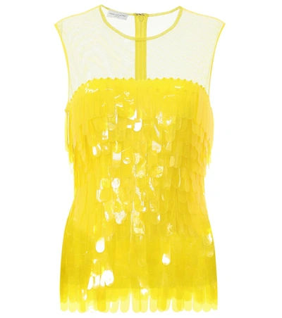 Dries Van Noten Paillette-trimmed Mesh Top In Yellow