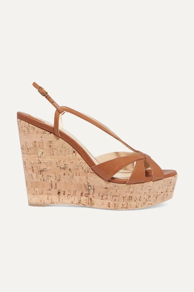 Christian Louboutin Lady Wedgy 120 Leather Wedge Sandals In Tan