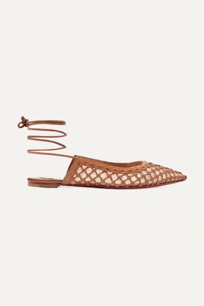 Christian Louboutin Cage And Curry Mesh And Woven Leather Point-toe Flats In Tan