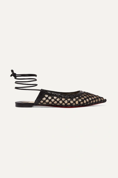 Christian Louboutin Cage And Curry Woven Leather And Mesh Point-toe Flats In Black