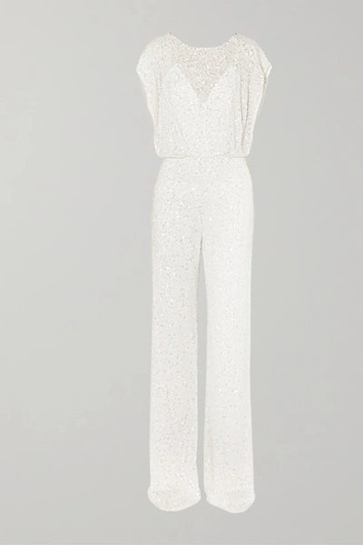 Jenny Packham Apollo Open-back Crystal-embellished Sequined Chiffon Jumpsuit In Ivory