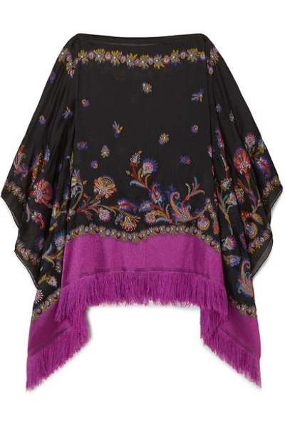 Etro Fringed Silk-blend Jacquard Poncho In Black