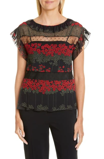 Red Valentino Peony-print Short-sleeve Top With Lace Insets & Ruffle Trim In Black