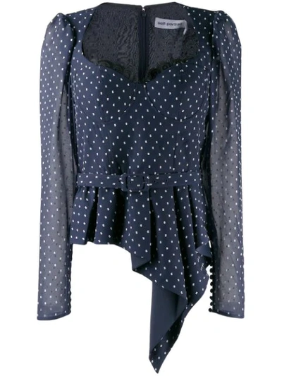 Self-portrait Plumetis Polka-dot Long-sleeve Belted Peplum Top In Navy