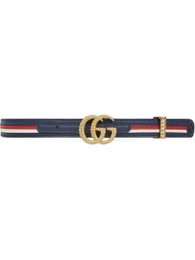 Gucci Multicolored Leather Belt W/ Textured Gg Buckle In Blue