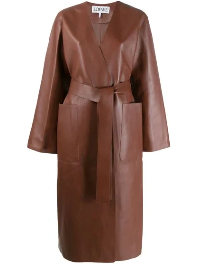 Loewe Belted Leather Coat In Brown