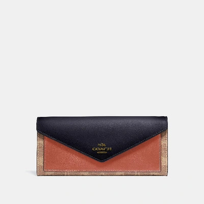 Coach Soft Wallet In Colorblock Signature Canvas In Tan/ink Light Peach/brass