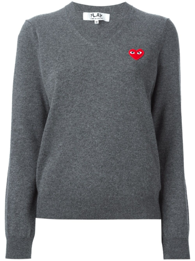 Comme Des Garçons Play Wool Jersey Intarsia Red Emblem Sweater In Gray. In Grey