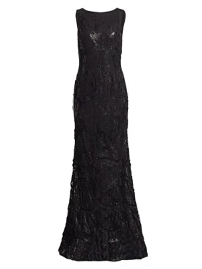 Rene Ruiz Sequin Embroidery Flared Column Gown In Black