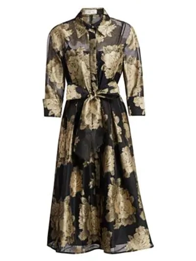 Teri Jon By Rickie Freeman Metallic Floral Tie Shirtdress In Black Gold