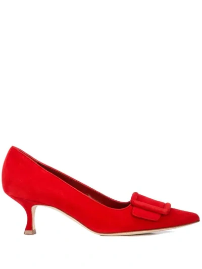 Manolo Blahnik Maysale Buckle Pointed Toe Pump In Red Suede