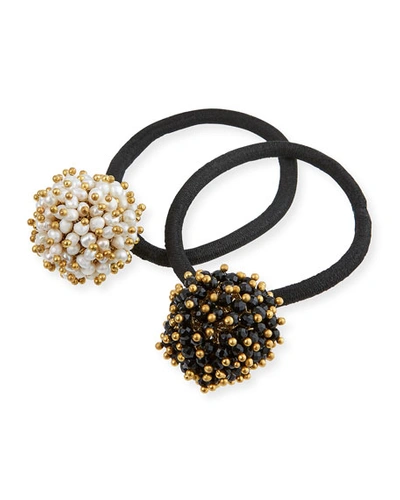 Rosantica Pompon Faux-pearl & Onyx Cluster Ponytail Holders, Set Of 2 In Black/pearl