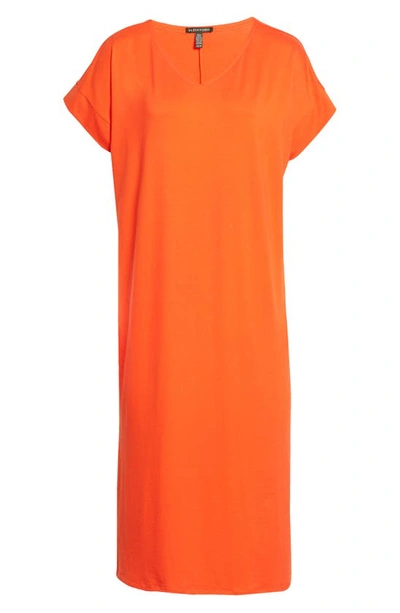 Eileen Fisher Plus Size V-neck Short-sleeve Lofty Organic Cotton Midi Dress In Black