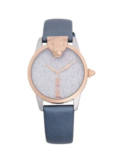 Just Cavalli Logo Stainless Steel & Leather Strap Watch In Blue