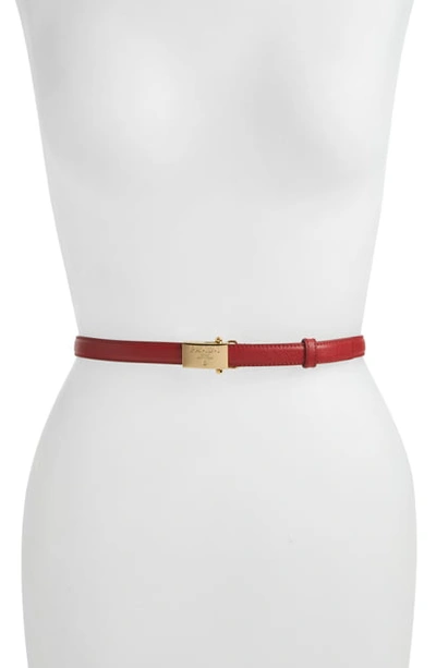 Prada Logo Buckle Saffiano Leather Skinny Belt In Fuoco/ Gold