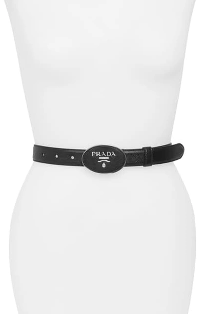 Prada Round Logo Plate Saffiano Leather Belt In Nero/ Silver