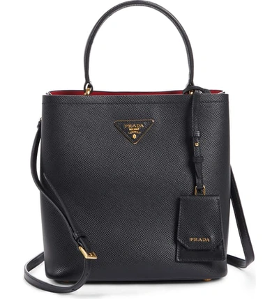 Prada Leather Double Bucket Bag In Nero/ Fuoco