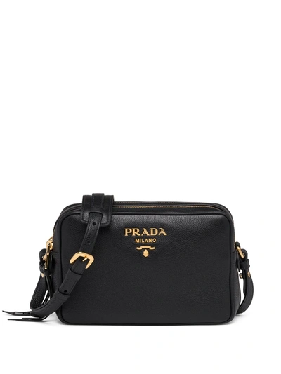 Prada Daino Double Compartment Leather Crossbody Bag In Black