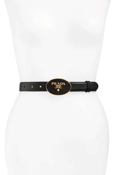 Prada Round Logo Plate Saffiano Leather Belt In Black/ Gold