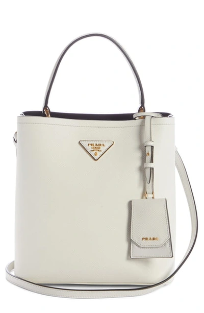 Prada Small Saffiano Leather Bucket Bag In Bianco/ Nero