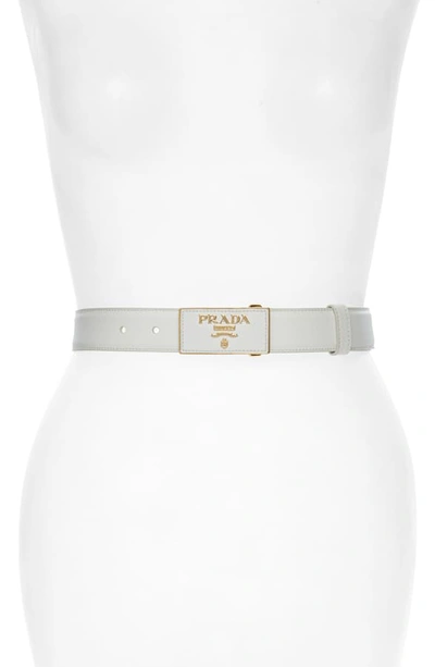 Prada Square Logo Plate Saffiano Leather Belt In Bianco