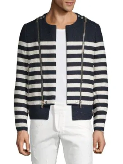 Balmain Striped Cotton Blend Jacket In Marine