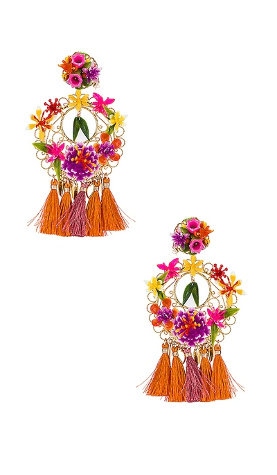 Mercedes Salazar Flower Statement Earrings In Orange. In Pink & Gold