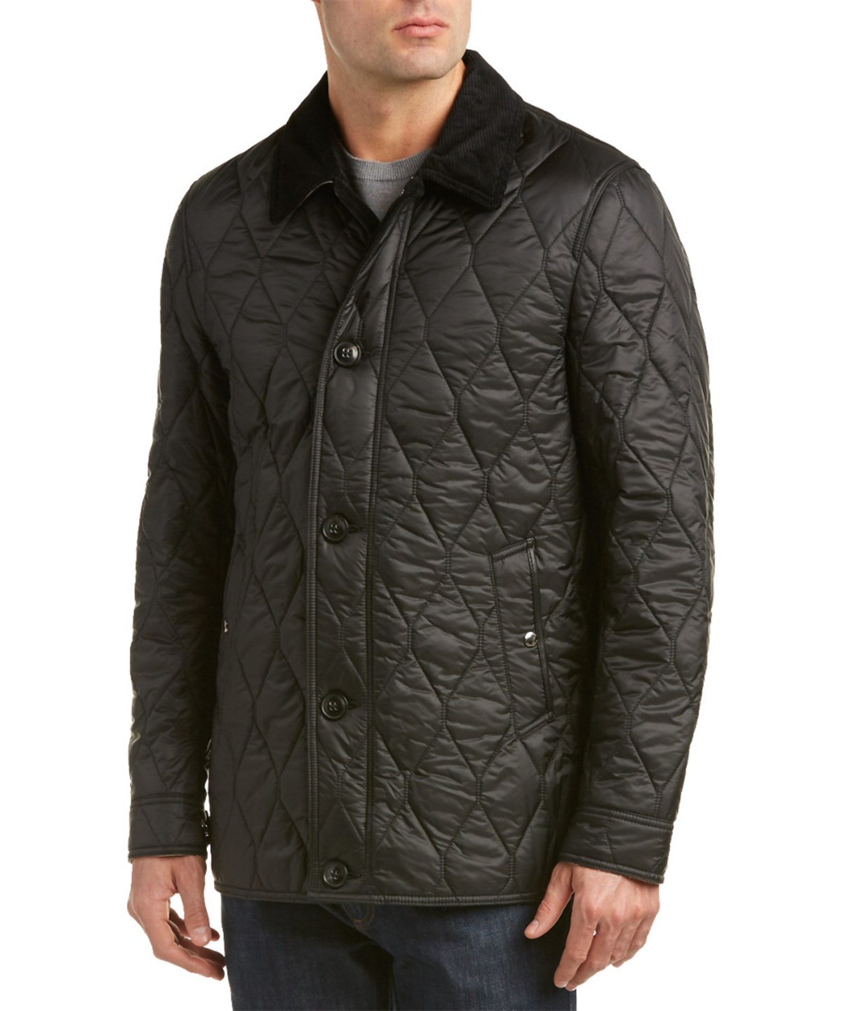 Burberry Check Detail Corduroy Collar Quilted Jacket' In Black | ModeSens